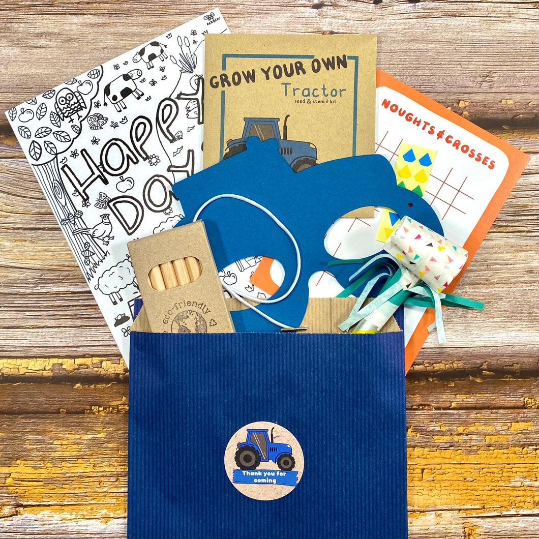 Filled Blue Tractor Party Bags for Ages 3 to 8