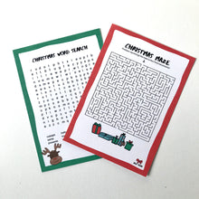 Load image into Gallery viewer, Christmas word search and maze kids activity cards
