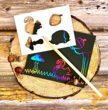 Load image into Gallery viewer, Sustainably packaged scratch art set in a woodland theme for a party bag or stocking filler