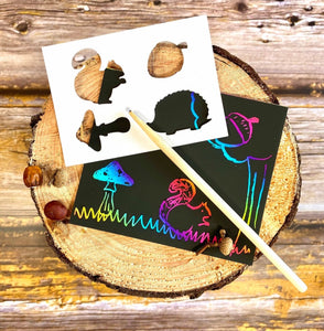 Sustainably packaged scratch art set in a woodland theme for a party bag or stocking filler
