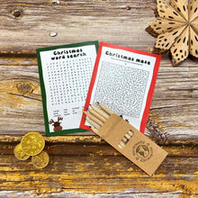 Load image into Gallery viewer, Christmas game activity cards with wooden colouring pencils for children and plastic free