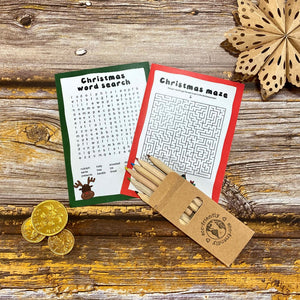 Christmas game activity cards with wooden colouring pencils for children and plastic free